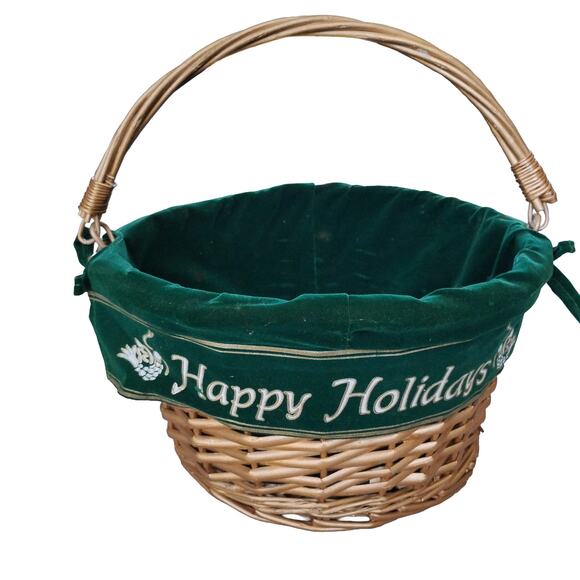 🎄Wicker Willow Basket 'Happy Holidays' 💛💚 Swivel Handle Christmas Gift Basket - Picture 13 of 15